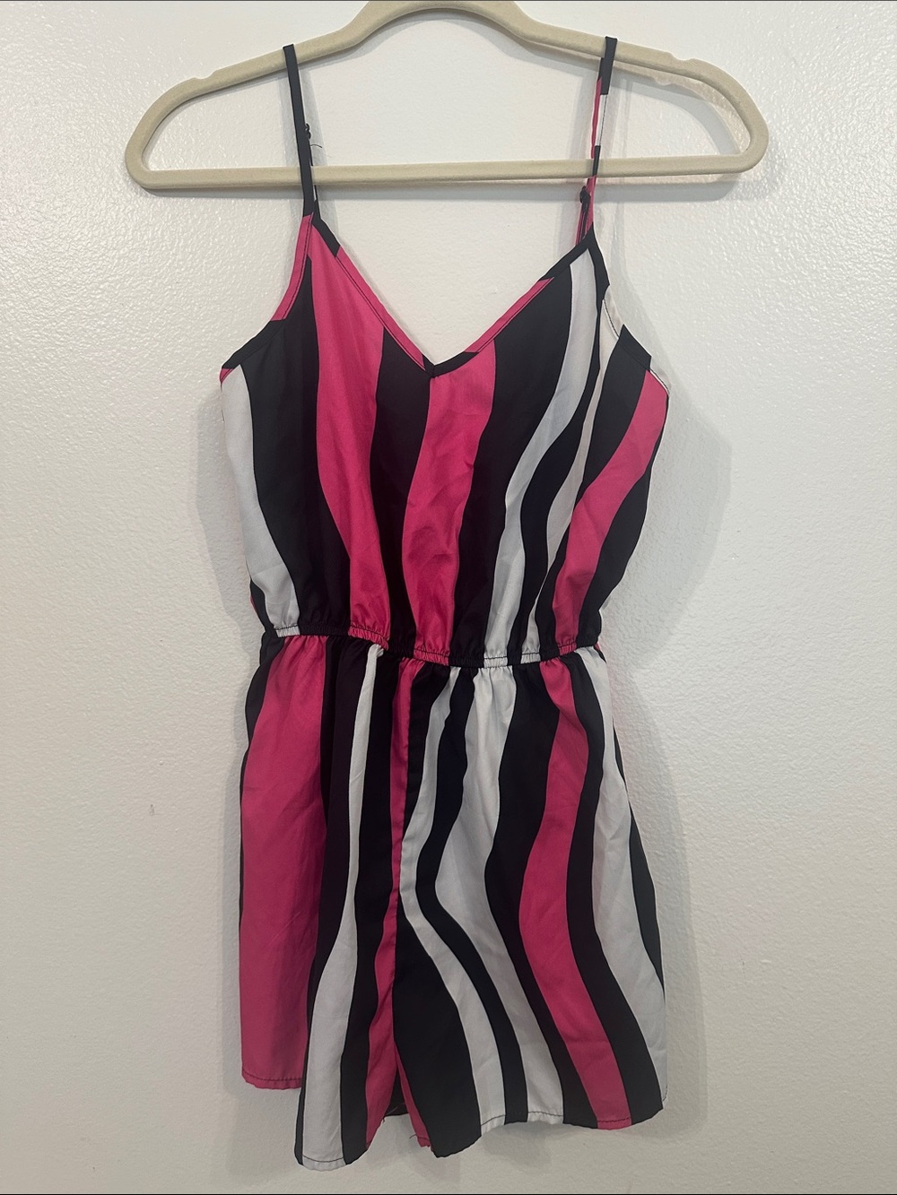 SHEIN Pink Black White Striped V-Neck Romper